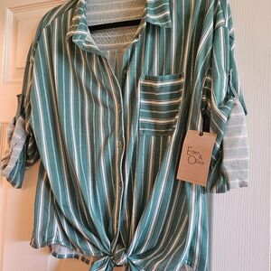 NWT-Eden & Olivia Teal Striped Tie-Front Blouse